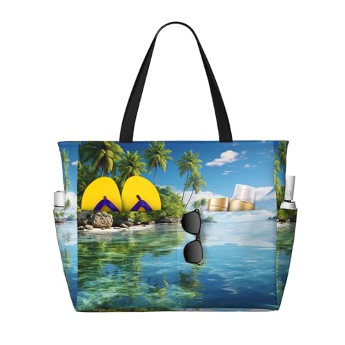 MMSJSBVY Schöne Strandtasche mit gelben Rosen für Damen, Tragetasche mit Reißverschluss und Tasche, Reisen, Einkaufen, Pool, Schöne Insel im Meer, Einheitsgröße von MMSJSBVY