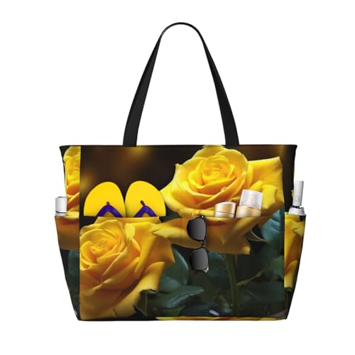 MMSJSBVY Schöne Strandtasche mit gelben Rosen für Damen, Tragetasche mit Reißverschluss und Tasche, Reisen, Einkaufen, Pool, Schöne gelbe Rosen, Einheitsgröße von MMSJSBVY