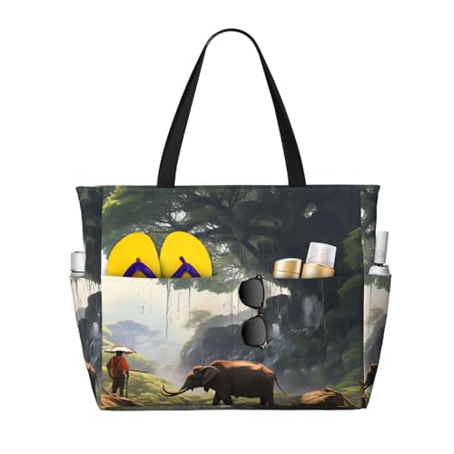 MMSJSBVY Strandtasche für Damen, Tragetasche mit Reißverschluss und Tasche, Reisen, Einkaufen, Pool, Ancient Big Tree Animal Landscape, Einheitsgröße von MMSJSBVY