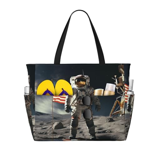 MMSJSBVY Strandtasche für Damen, Tragetasche mit Reißverschluss und Tasche, Reisen, Einkaufen, Pool, Astronaut landet auf dem Mond, Einheitsgröße von MMSJSBVY