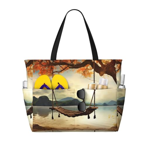 MMSJSBVY Strandtasche für Damen, Tragetasche mit Reißverschluss und Tasche, Reisen, Einkaufen, Pool, Herbstschaukel und Baum, Einheitsgröße von MMSJSBVY