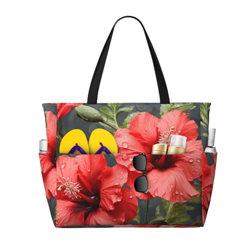 MMSJSBVY Strandtasche für Damen, Tragetasche mit Reißverschluss und Tasche, Reisen, Einkaufen, Pool, Rote Blume, grüne Blätter, Einheitsgröße von MMSJSBVY
