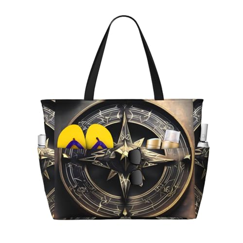 MMSJSBVY Strandtasche für Damen, mit Reißverschluss und Tasche, für Reisen, Shopping, Pool, Magisches Design nordische Runen Kompass, Einheitsgröße von MMSJSBVY