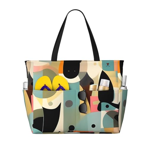 MMSJSBVY Strandtasche für Damen, mit Reißverschluss und Tasche, für Reisen, Shopping, Pool, Mid-Century Modern Art Katze, Einheitsgröße von MMSJSBVY