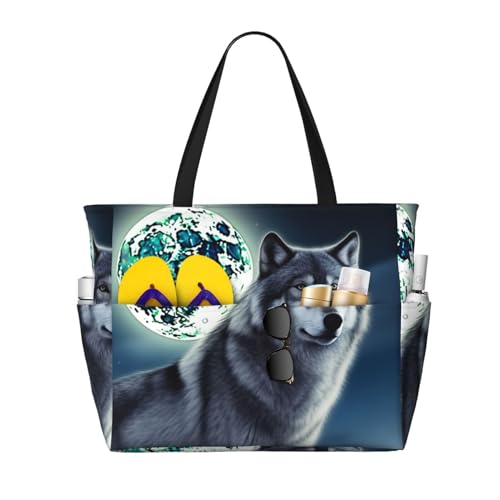 MMSJSBVY Strandtasche für Damen, mit Reißverschluss und Tasche, für Reisen, Shopping, Pool, Wolf unter Mond, Einheitsgröße von MMSJSBVY