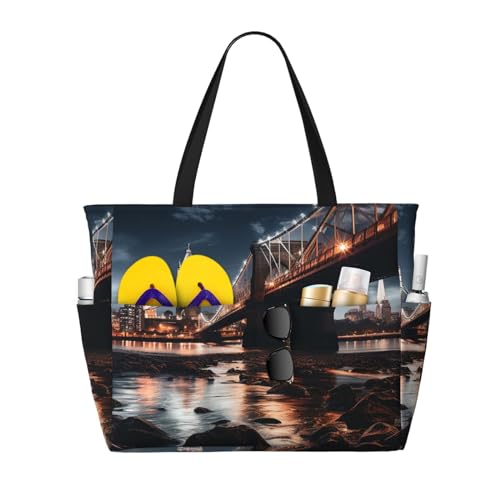 MMSJSBVY Strandtasche für Damen, weiche Farbe, blasses Rosengemisch, Tragetasche mit Reißverschluss und Tasche, Reisen, Einkaufen, Pool, Brücke bei Nacht, Einheitsgröße von MMSJSBVY