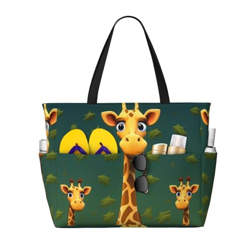 MMSJSBVY Strandtasche für Damen, weiche Farbe, blasses Rosengemisch, Tragetasche mit Reißverschluss und Tasche, Reisen, Einkaufen, Pool, Cartoon-Giraffe, Einheitsgröße von MMSJSBVY