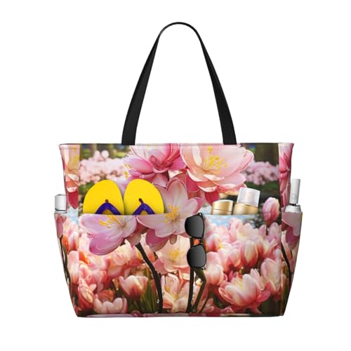 MMSJSBVY Strandtasche für Damen, weiche Farbe, blasses Rosengemisch, Tragetasche mit Reißverschluss und Tasche, Reisen, Einkaufen, Pool, Kirschblüte und Tulpen, Einheitsgröße von MMSJSBVY