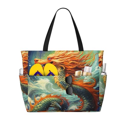 MMSJSBVY Strandtasche für Damen, weiche Farbe, blasses Rosengemisch, Tragetasche mit Reißverschluss und Tasche, Reisen, Einkaufen, Pool, Ölgemälde mit chinesischem Drachen, Einheitsgröße von MMSJSBVY