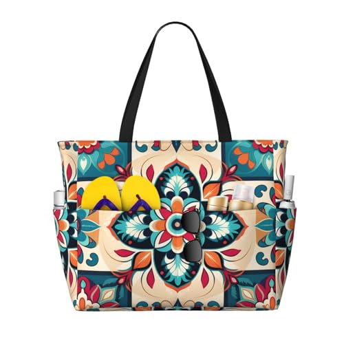 MMSJSBVY Strandtasche mit Herz und Blumen für Damen, Tragetasche mit Reißverschluss und Tasche, Reisen, Einkaufen, Pool, Arabisches indisches Karomuster, Einheitsgröße von MMSJSBVY