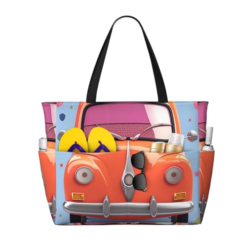 MMSJSBVY Strandtasche mit Herz und Blumen für Damen, Tragetasche mit Reißverschluss und Tasche, Reisen, Einkaufen, Pool, Cartoon-Auto, Einheitsgröße von MMSJSBVY