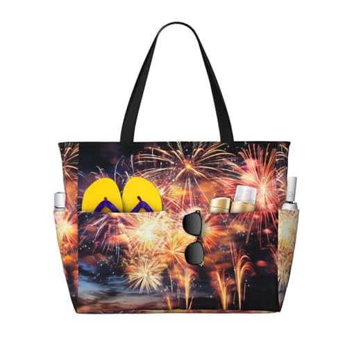 MMSJSBVY Strandtasche mit Herz und Blumen für Damen, Tragetasche mit Reißverschluss und Tasche, Reisen, Einkaufen, Pool, Wunderschönes Feuerwerk, Einheitsgröße von MMSJSBVY