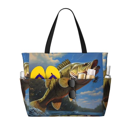 MMSJSBVY Strandtasche mit Kuhfell-Aufdruck, für Damen, Tragetasche mit Reißverschluss und Tasche, Reisen, Einkaufen, Pool, Barschfisch, Einheitsgröße von MMSJSBVY