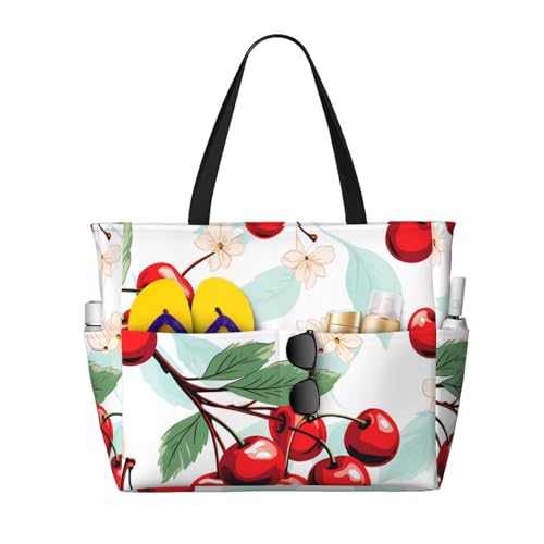 MMSJSBVY Strandtasche mit Kuhfell-Aufdruck, für Damen, Tragetasche mit Reißverschluss und Tasche, Reisen, Einkaufen, Pool, Kirschfrucht, Einheitsgröße von MMSJSBVY