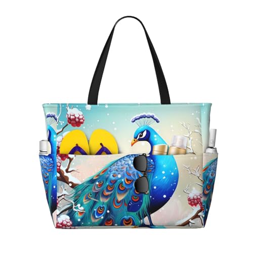 MMSJSBVY Strandtasche mit Kuhfell-Aufdruck, für Damen, Tragetasche mit Reißverschluss und Tasche, Reisen, Einkaufen, Pool, Schöner Pfau und Blumen, Einheitsgröße von MMSJSBVY