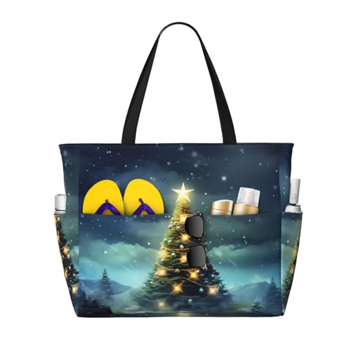 MMSJSBVY Strandtasche mit Kuhfell-Aufdruck, für Damen, Tragetasche mit Reißverschluss und Tasche, Reisen, Einkaufen, Pool, Weihnachtsbaum, Einheitsgröße von MMSJSBVY