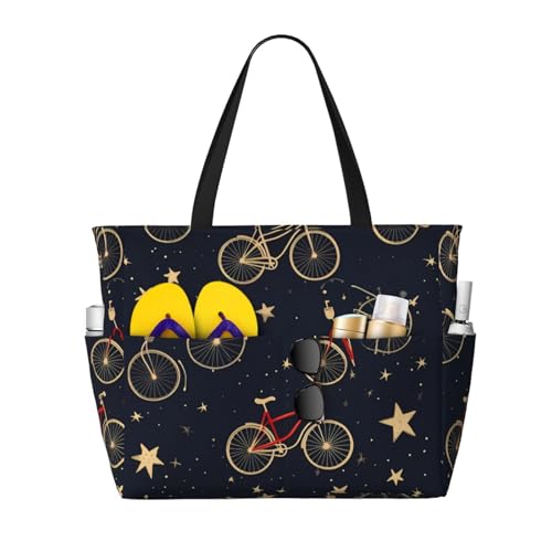 MMSJSBVY Strandtasche mit Kuhfell-Aufdruck für Damen, Tragetasche mit Reißverschluss und Tasche, Reisen, Einkaufen, Pool, Bikes Fahrrad Radfahren, Einheitsgröße von MMSJSBVY