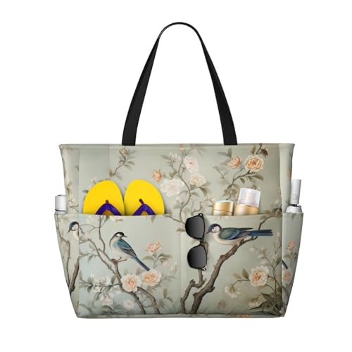 MMSJSBVY Strandtasche mit Tiermuster für Damen, Tragetasche mit Reißverschluss und Tasche, Reisen, Einkaufen, Pool, Bird on Branch_proc, Einheitsgröße von MMSJSBVY