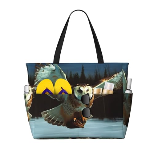 MMSJSBVY Strandtasche mit Tiermuster für Damen, Tragetasche mit Reißverschluss und Tasche, Reisen, Einkaufen, Pool, Fliegende Eule, Einheitsgröße von MMSJSBVY