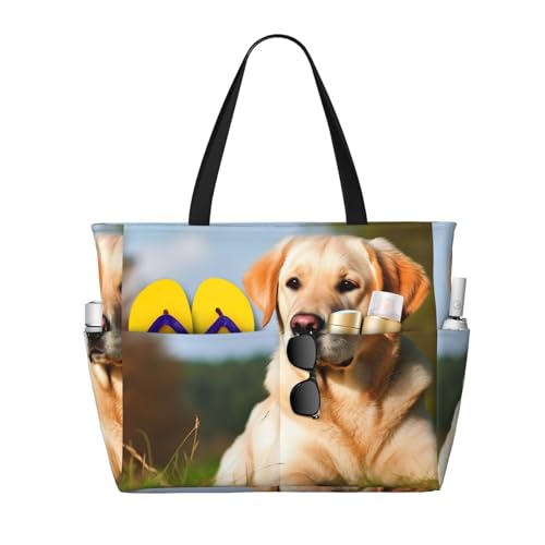 MMSJSBVY Strandtasche mit Tiermuster für Damen, Tragetasche mit Reißverschluss und Tasche, Reisen, Einkaufen, Pool, Niedlicher Labrador Hund, Einheitsgröße von MMSJSBVY