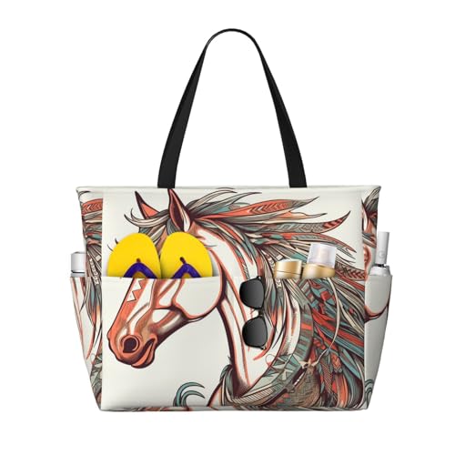 MMSJSBVY Strandtasche mit antiker orientalischer Kunst für Damen, Tragetasche mit Reißverschluss und Tasche, Reisen, Einkaufen, Pool, Amor Pfeil Liebespferd, Einheitsgröße von MMSJSBVY