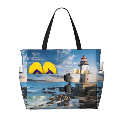 MMSJSBVY Strandtasche mit antiker orientalischer Kunst für Damen, Tragetasche mit Reißverschluss und Tasche, Reisen, Einkaufen, Pool, Beach Leuchtturm, Einheitsgröße von MMSJSBVY