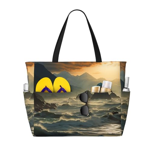 MMSJSBVY Strandtasche mit antiker orientalischer Kunst für Damen, Tragetasche mit Reißverschluss und Tasche, Reisen, Einkaufen, Pool, Berge treffen das Meer, Einheitsgröße von MMSJSBVY