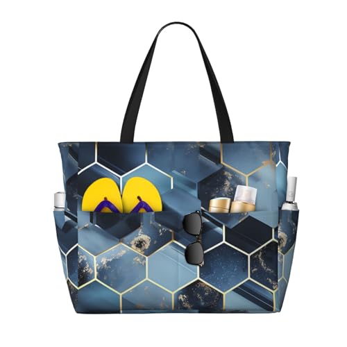 MMSJSBVY Strandtasche mit antiker orientalischer Kunst für Damen, Tragetasche mit Reißverschluss und Tasche, Reisen, Einkaufen, Pool, Blaue Sechsecke und Diamanten, Einheitsgröße von MMSJSBVY