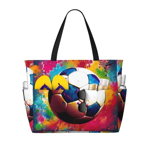 MMSJSBVY Strandtasche mit antiker orientalischer Kunst für Damen, Tragetasche mit Reißverschluss und Tasche, Reisen, Einkaufen, Pool, Farbenfroher Fußball, Einheitsgröße von MMSJSBVY