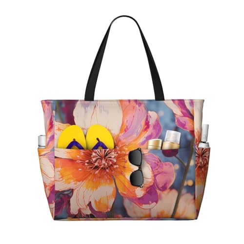 MMSJSBVY Strandtasche mit antiker orientalischer Kunst für Damen, Tragetasche mit Reißverschluss und Tasche, Reisen, Einkaufen, Pool, Helle Blumen, Einheitsgröße von MMSJSBVY