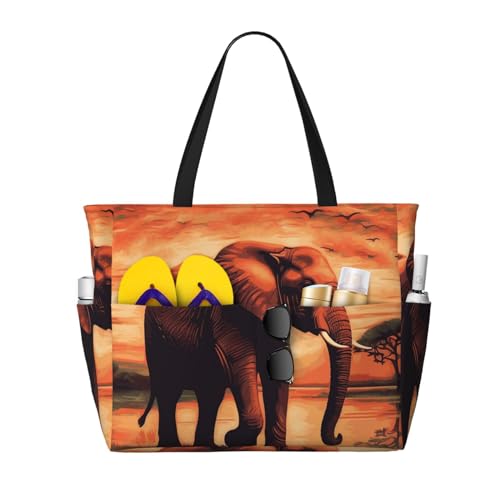 MMSJSBVY Strandtasche mit antiker orientalischer Kunst für Damen, Tragetasche mit Reißverschluss und Tasche, Reisen, Einkaufen, Pool, Sonnenuntergang Elefant, Einheitsgröße von MMSJSBVY