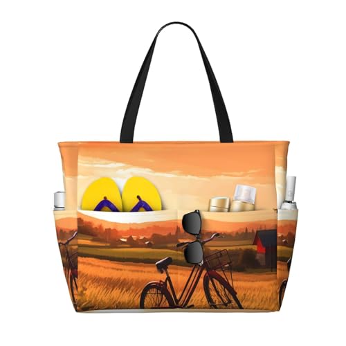 MMSJSBVY Strandtasche mit antiker orientalischer Kunst für Damen, Tragetasche mit Reißverschluss und Tasche, Reisen, Einkaufen, Pool, Sonnenuntergang ländliche Aussicht, Einheitsgröße von MMSJSBVY