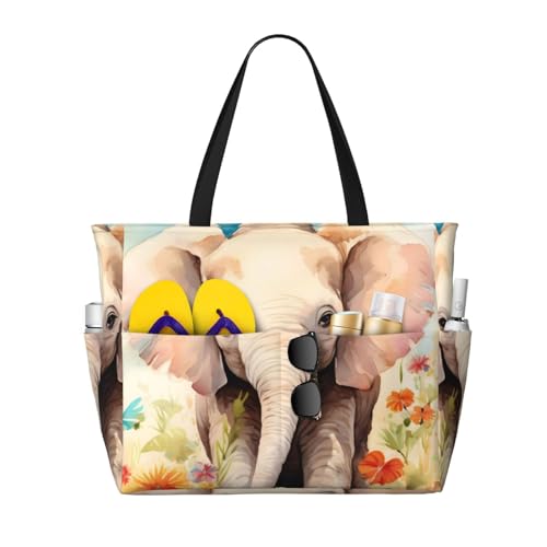 MMSJSBVY Strandtasche mit blühenden Kräutern und Kräuterpflanzen für Frauen, Tragetasche mit Reißverschluss und Tasche, Reisen, Einkaufen, Pool, Elefant und Sonnenblume, Einheitsgröße von MMSJSBVY