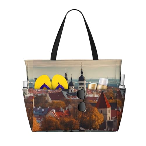 MMSJSBVY Sunrise Naturlandschaft Strandtasche für Damen, Tragetasche mit Reißverschluss und Tasche, Reisen, Einkaufen, Pool, Tallinn Estland Stadtbild, Einheitsgröße von MMSJSBVY