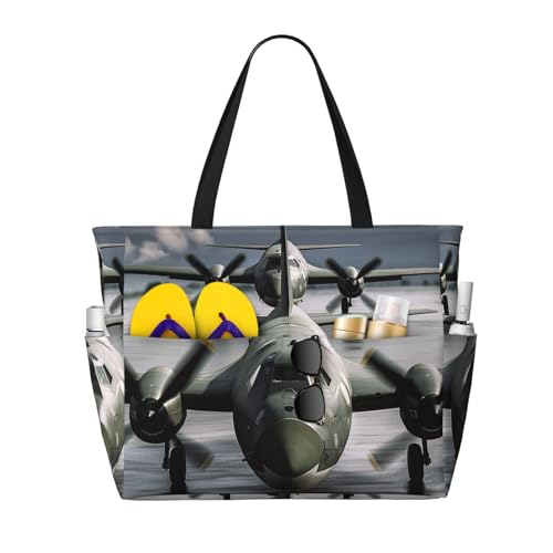 MMSJSBVY Sunrise Naturlandschaft Strandtasche für Damen, Tragetasche mit Reißverschluss und Tasche, Reisen, Einkaufen, Pool, US-Armee-Flugzeug, Einheitsgröße von MMSJSBVY