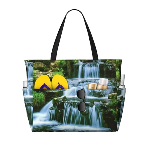 MMSJSBVY Sunrise Naturlandschaft Strandtasche für Damen, Tragetasche mit Reißverschluss und Tasche, Reisen, Einkaufen, Pool, Wasserfall fließend nach unten, Einheitsgröße von MMSJSBVY