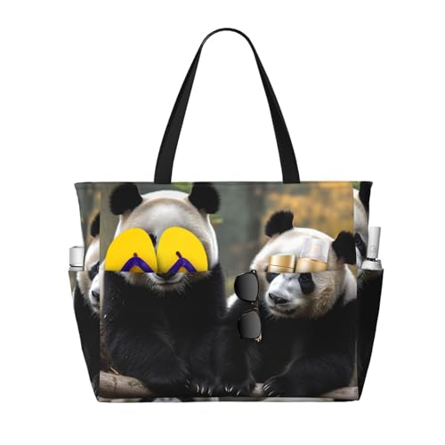 MMSJSBVY Sunrise Naturlandschaft Strandtasche für Damen, Tragetasche mit Reißverschluss und Tasche, Reisen, Einkaufen, Pool, Zwei große Pandas, Einheitsgröße von MMSJSBVY