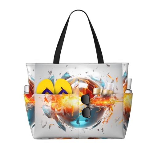 MMSJSBVY Underwater World Delphin Fish Strandtasche für Damen, Tragetasche mit Reißverschluss und Tasche, Reisen, Einkaufen, Pool, Basketball Flammen und Wassertropfen, Einheitsgröße von MMSJSBVY