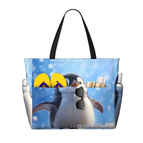 MMSJSBVY Underwater World Delphin Fish Strandtasche für Damen, Tragetasche mit Reißverschluss und Tasche, Reisen, Einkaufen, Pool, Happy Pinguin, Einheitsgröße von MMSJSBVY