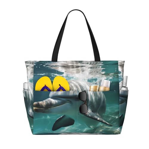 MMSJSBVY Underwater World Delphin Fish Strandtasche für Damen, Tragetasche mit Reißverschluss und Tasche, Reisen, Einkaufen, Pool, Niedlicher Delphin, Einheitsgröße von MMSJSBVY