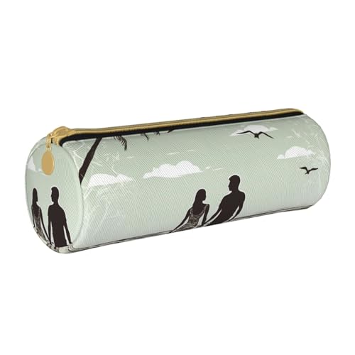 MMSJSBVY Verheiratetes Paar Walking On The Beach Zylinder Bleistift Aufbewahrungstasche Leder Bleistift Tasche Schöne Große Kapazität Geeignet für Studenten Büro Reise Make-up Pinsel Aufbewahrung mit von MMSJSBVY