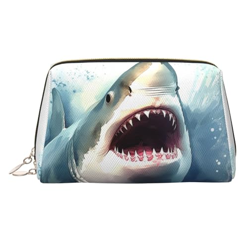 Make-up-Tasche aus Leder, Motiv: Hai im Meer, große Kapazität, Reise-Aufbewahrungstasche, Mehrzweck-Toilettenartikel und Make-up-Tasche, Hai im Meer, Einheitsgröße, Schulranzen von MMSJSBVY