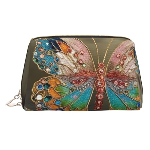 Make-up-Tasche aus Leder, Motiv: Hai im Meer, große Kapazität, Reise-Aufbewahrungstasche, Mehrzweck-Toilettenartikel und Make-up-Tasche, Mit Schmucksteinen besetzte Schmetterlinge, Einheitsgröße von MMSJSBVY