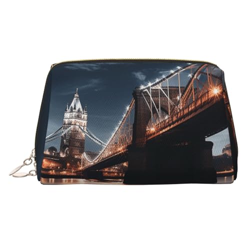 Make-up-Tasche aus Leder mit Winterhintergrund, große Kapazität, Reise-Aufbewahrungstasche, Mehrzweck-Toilettenartikel und Make-up-Tasche, Brücke bei Nacht, Einheitsgröße, Schulranzen von MMSJSBVY