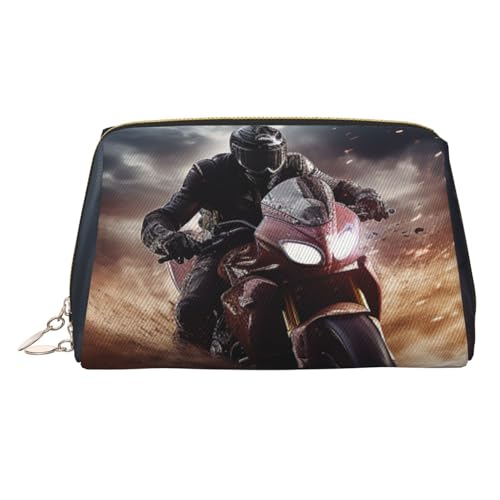 Make-up-Tasche aus Leder mit arabischem indischem Karomuster, große Kapazität, Reise-Aufbewahrungstasche, Mehrzweck-Toilettenartikel und Make-up-Tasche, Man Ride a Motorcycle, Einheitsgröße von MMSJSBVY