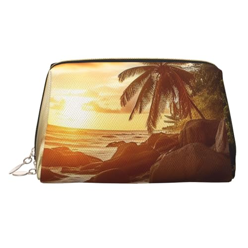 Make-up-Tasche aus Leder mit arabischem indischem Karomuster, große Kapazität, Reise-Aufbewahrungstasche, Mehrzweck-Toilettenartikel und Make-up-Tasche, Tropischer Strand bei Sonnenuntergang von MMSJSBVY