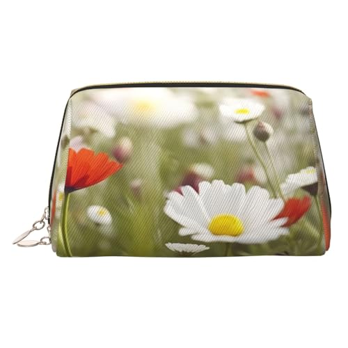 Make-up-Tasche aus Leder mit süßem wildem Elefant, große Kapazität, Reise-Aufbewahrungstasche, Mehrzweck-Toilettenartikel und Make-up-Tasche, Wiese und Gänseblümchen, Einheitsgröße, Schulranzen von MMSJSBVY