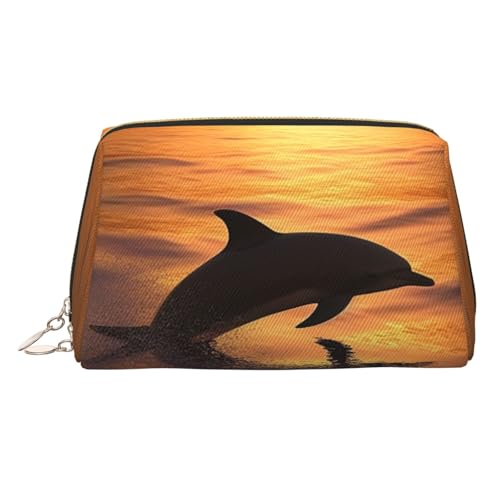 Peacock Feather Leather Makeup Bag, Large Capacity Travel Storage Bag, Dual Purpose Toiletries and Makeup Bag, Delfin und Sonnenuntergang, Einheitsgröße, Schulranzen von MMSJSBVY