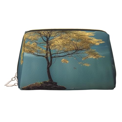 Peacock Feather Leather Makeup Bag, Large Capacity Travel Storage Bag, Dual Purpose Toiletries and Makeup Bag, Friedlicher See und ein Baum, Einheitsgröße, Schulranzen von MMSJSBVY