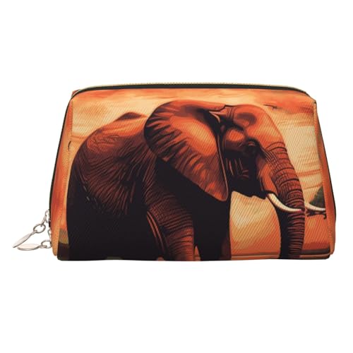 Schöne Make-up-Tasche aus Leder, Motiv: Sonnenuntergang, große Kapazität, Reise-Aufbewahrungstasche, Mehrzweck-Toilettenartikel und Make-up-Tasche, Sonnenuntergang Elefant, Einheitsgröße, Schulranzen von MMSJSBVY